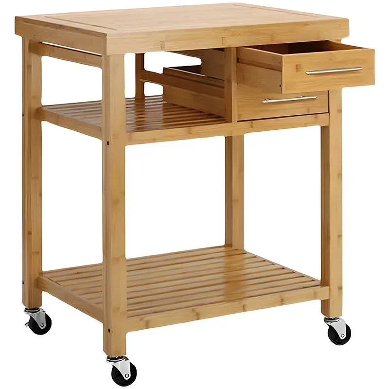 Solid wood dining car Simple kitchen Household multi-functional double-layer trolley