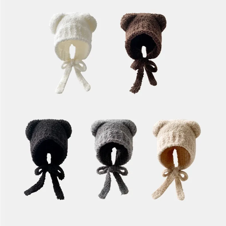 Winter Plush Beanies Cute Bear Ear Wool Hat Warm Lace-up Ear Protection Knitted Bomber Cap Bonnets Knitting Korea Women Gorros