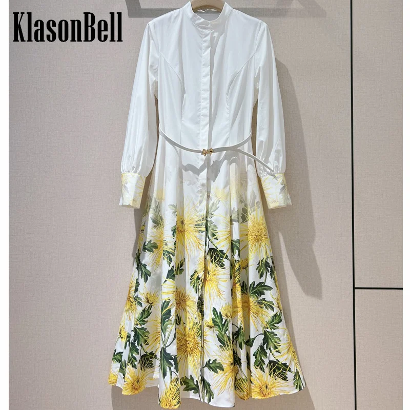 2.25 KlasonBell Women 2025 Spring New Cotton Print Long Sleeve Stand Collar Metal Belt Collect Waist Temperament Maxi Dress