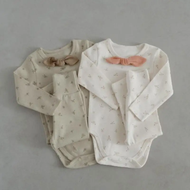 

2026 Spring New Baby Long Sleeve Clothes Set Infant Girl Floral Bow Bodysuit + High Waisted Pants 2pcs Suit Toddler Outfits