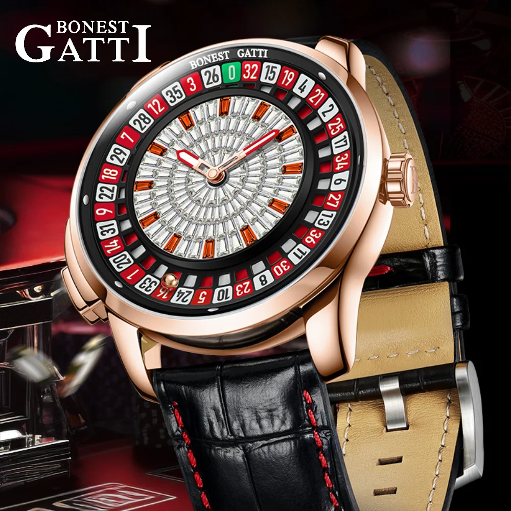 BONEST GATTI Watches European Button Roulette Fun Game Sapphire Mechanical Watch German Design Diamond Dial Leather Men's Watch