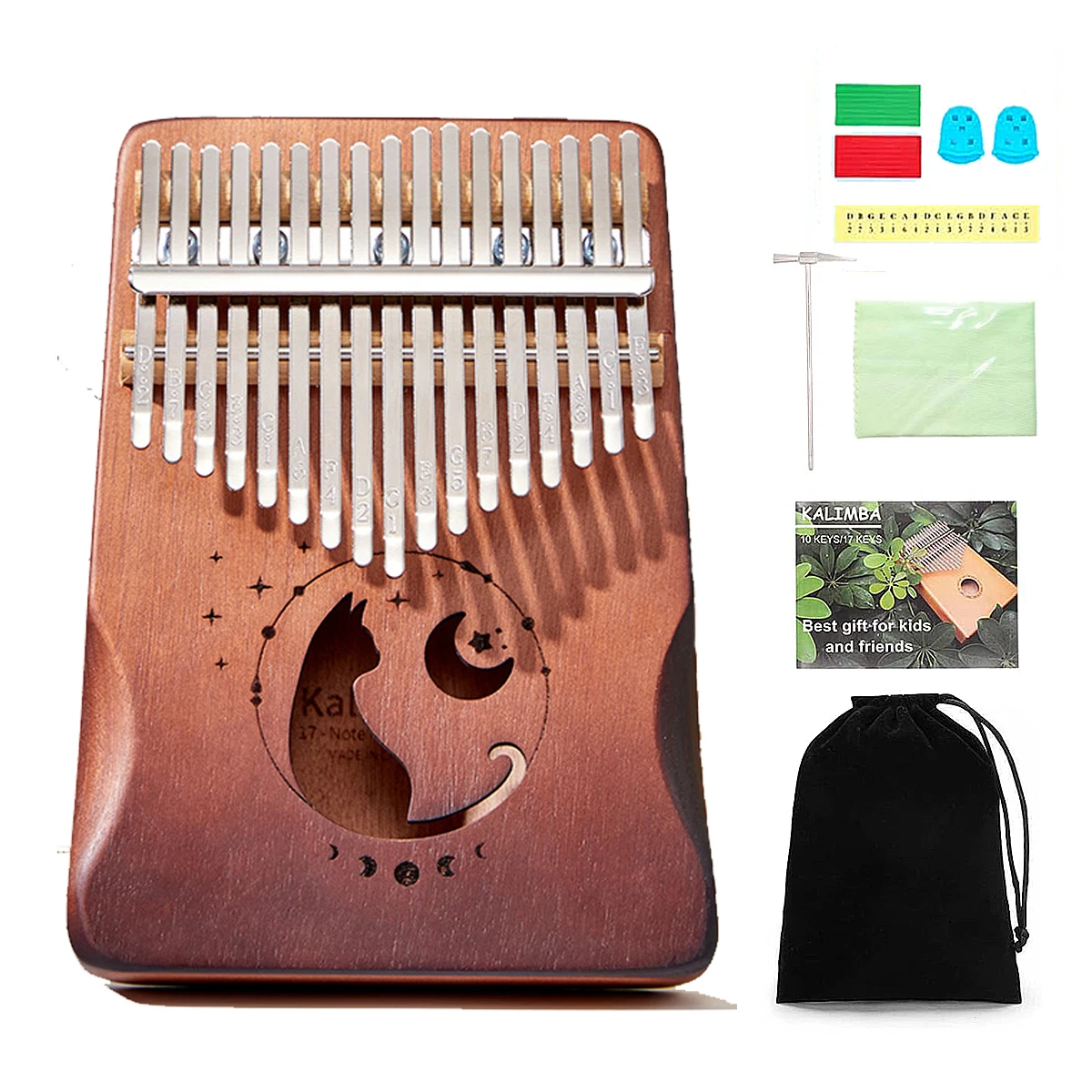 Miwayer 17/21 teclas gato kalimba polegar piano, madeira de mogno, instrumento musical iniciante com bolsa e kit de afinação