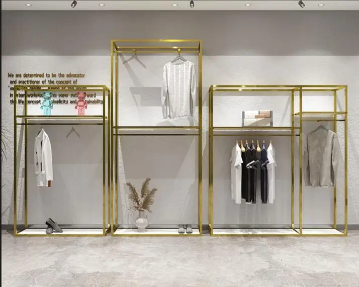 Stainless steel clothing store display rack Floor-to-ceiling double-layer gold display rack hanging clothes shelf