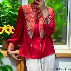 New Year Christmas Red Chi-pao Collar Design Tops Blouses Woman New 2024 Long Sleeve Autumn Retro Vintage Button Basic Shirts