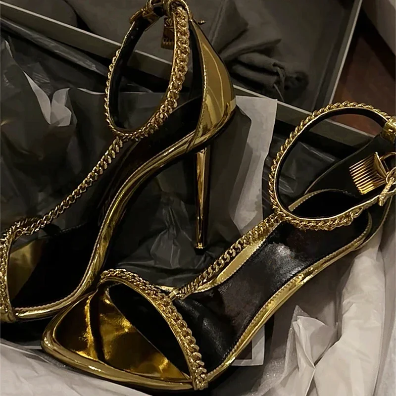 Gold Chain T-Tied Open Toe Women Sandals Pointed Toe Stilettos Sexy High Heels Metal Thin Heel Ankle Strap Fashion Party Shoes