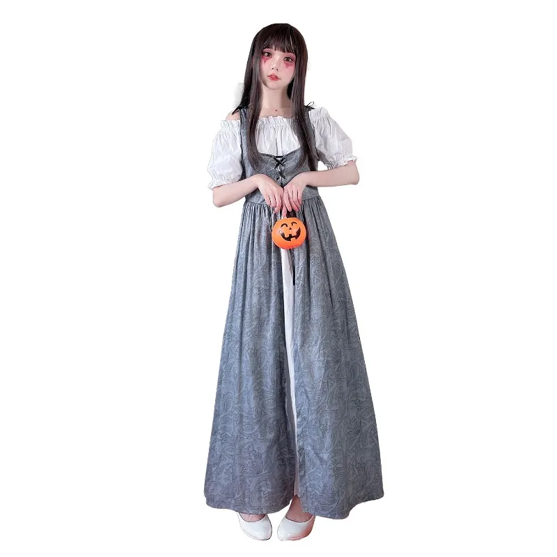 Costume médiéval pour femmes, robe longue fendue à épaules dénudées, tenue de cosplay pour Halloween, jeu de rôle.