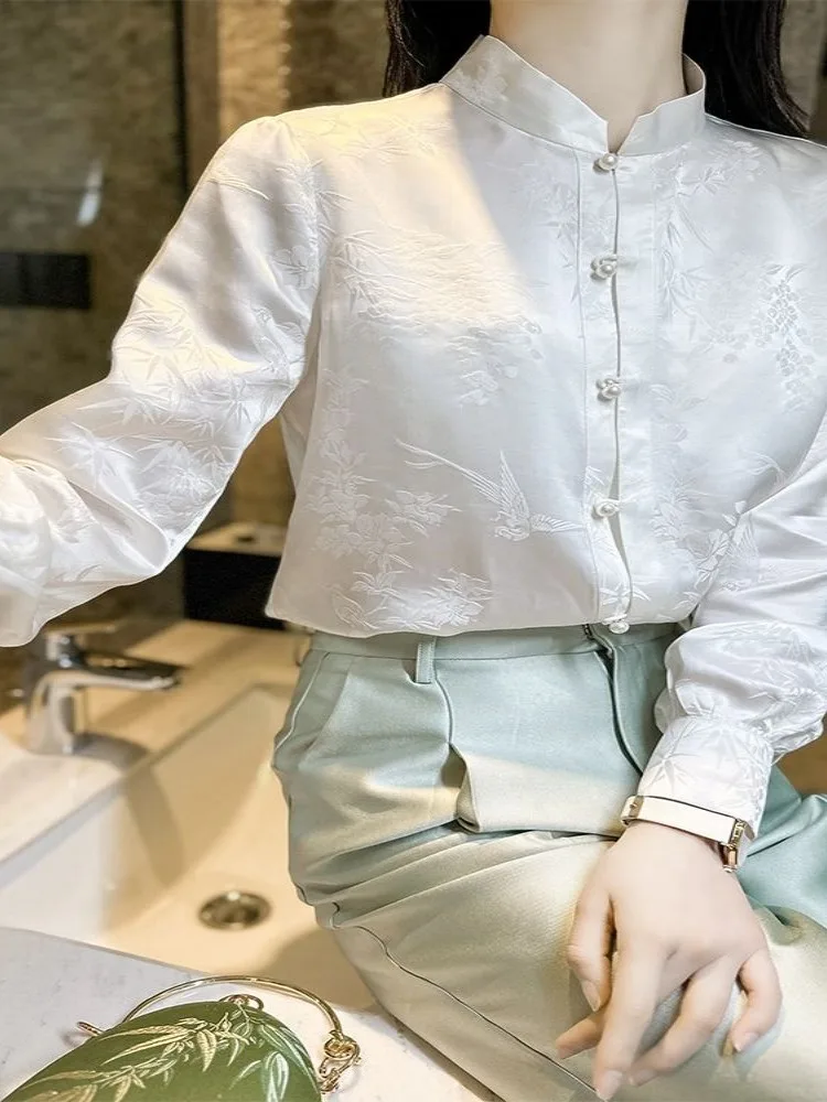 

White Bamboo And Bird Stand Collar Hanfu Style Women's Shirt Versatile Early Spring Simplicity Fashionable Chinese New Style