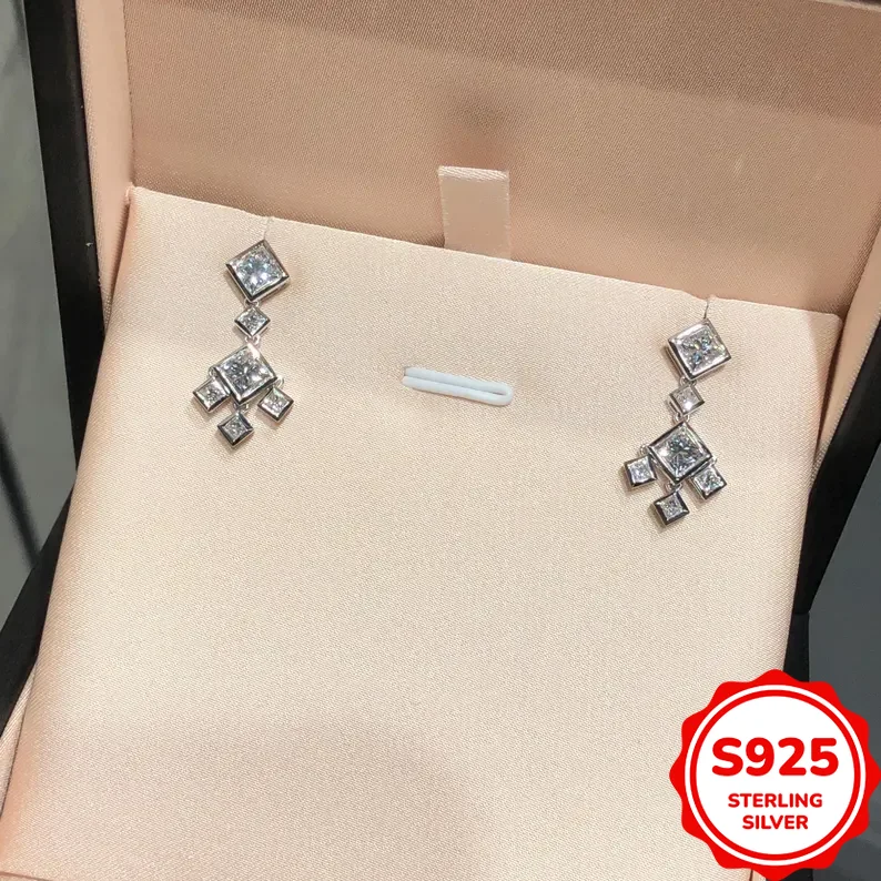 

Fashionable Authentic S925 Silver Square Micropaved Zircon Irregular Dangle Women's Earrings