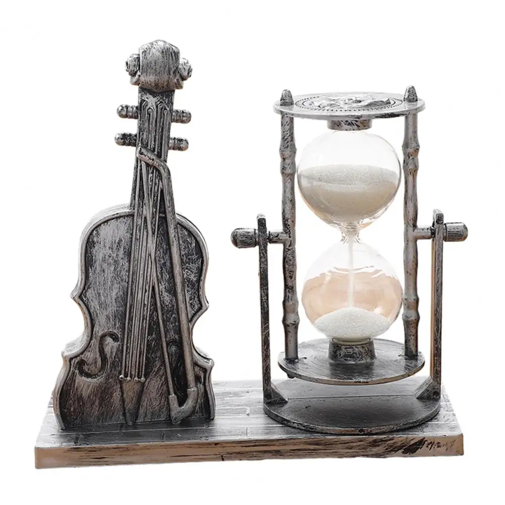 Study Desk Ornament Violin Sand Hourglass Ornament Retro Bronze Silver Finish Timer Reversible Desk Decor with for Home