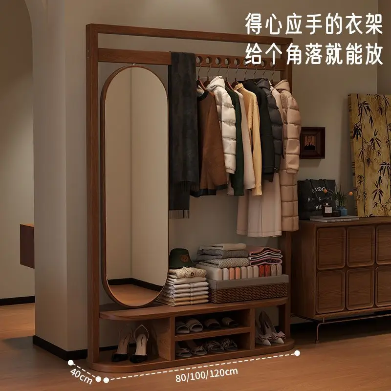 Solid wood floor-to-ceiling hanger full-length mirror integrated coat rack bedroom household drying rack home full-body mirror