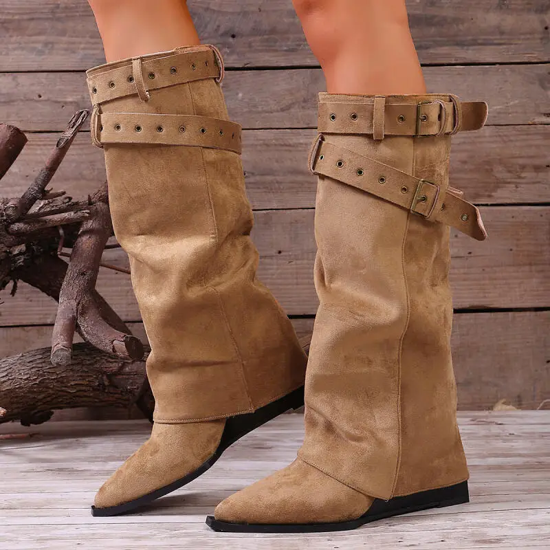 

Sexy Metal Belt Buckle Suede Knee High Boots Women 2025 Winter Comfort Wedge Heel Western Cowboy Boots Luxury Woman's Y2K Shoes