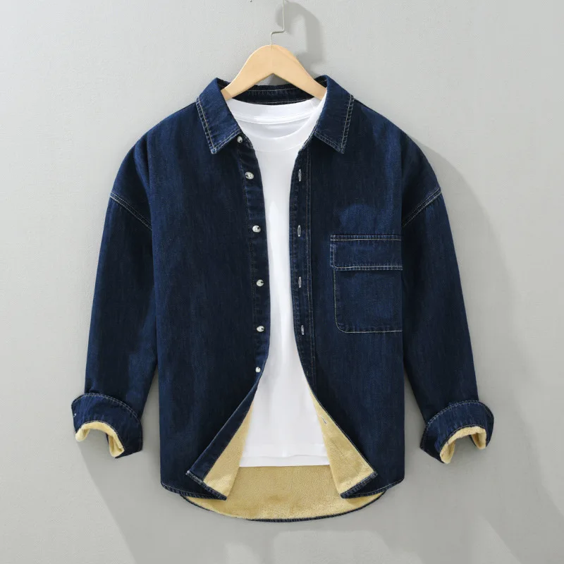 

Men's Denim Fce Lined irt Loose Fit Warm Thi Winter Casual Basic Top Cotton Blend Fabric Long Sve Flip Collar