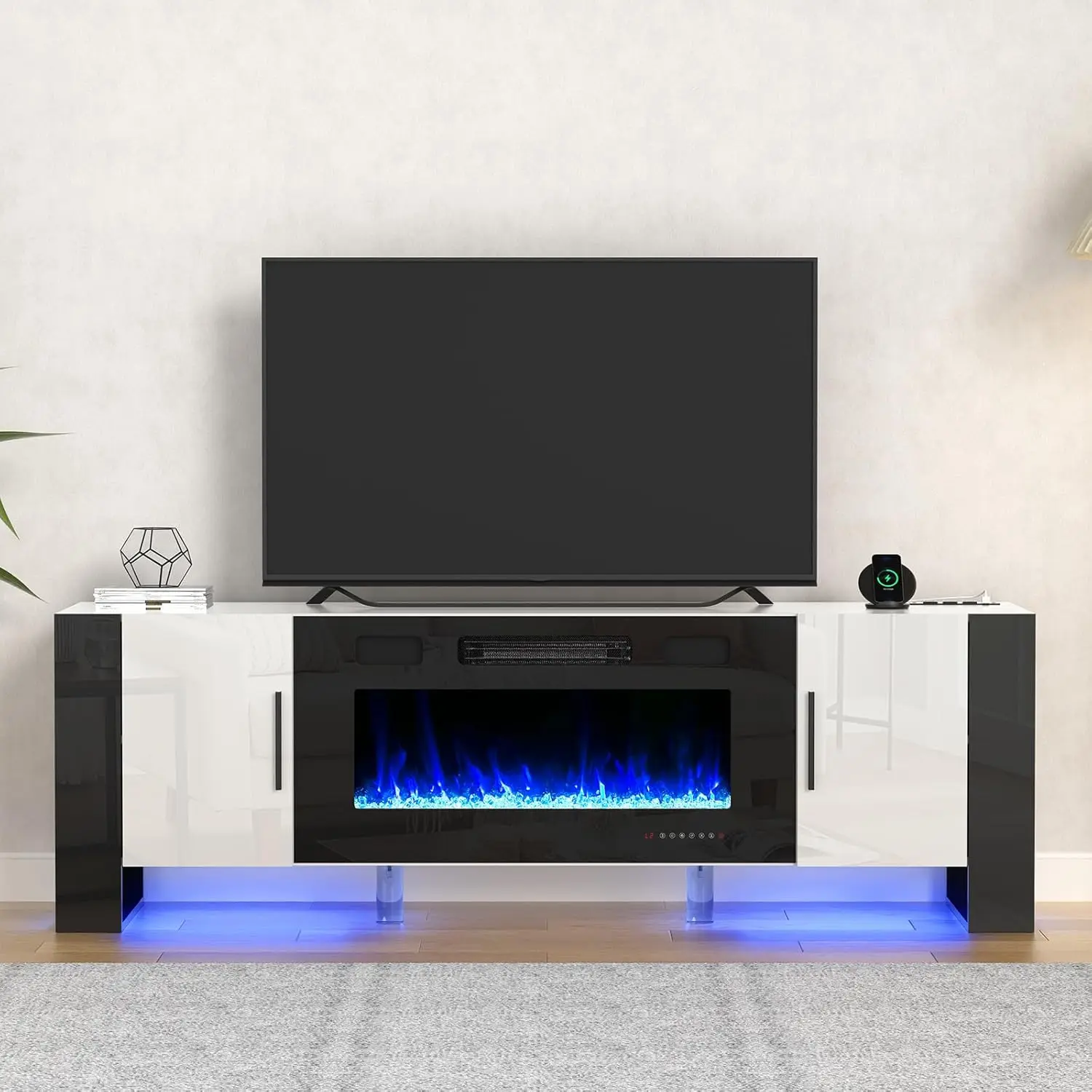 

70" Fireplace TV Stand with 36" Electric Fireplace, High Gloss Entertainment Center with LED Lights, Two Installation Methods, U