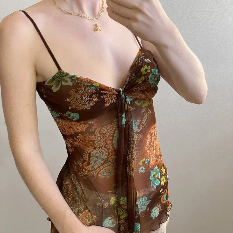 Retro Print Top New Foreign Trade Product French Pleated Ribbon Tie V-neck Top