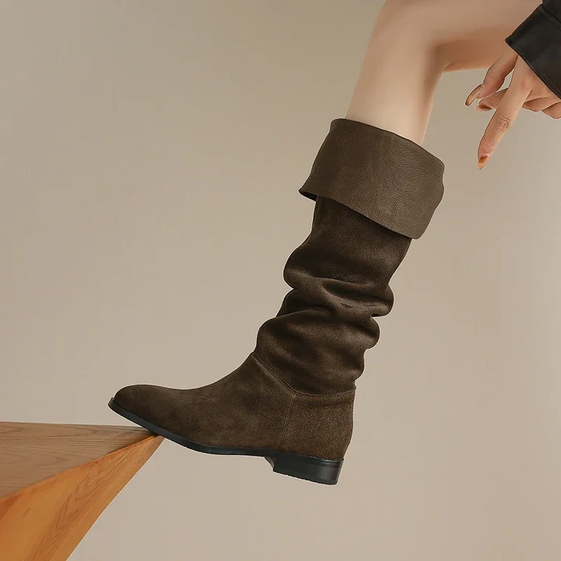 Genuine Leather Knee-High Boots Women's Fold-Over Cuff Spliced Tall Boots Low Block Heels Round Toe Vintage Western Cowboy Shoes
