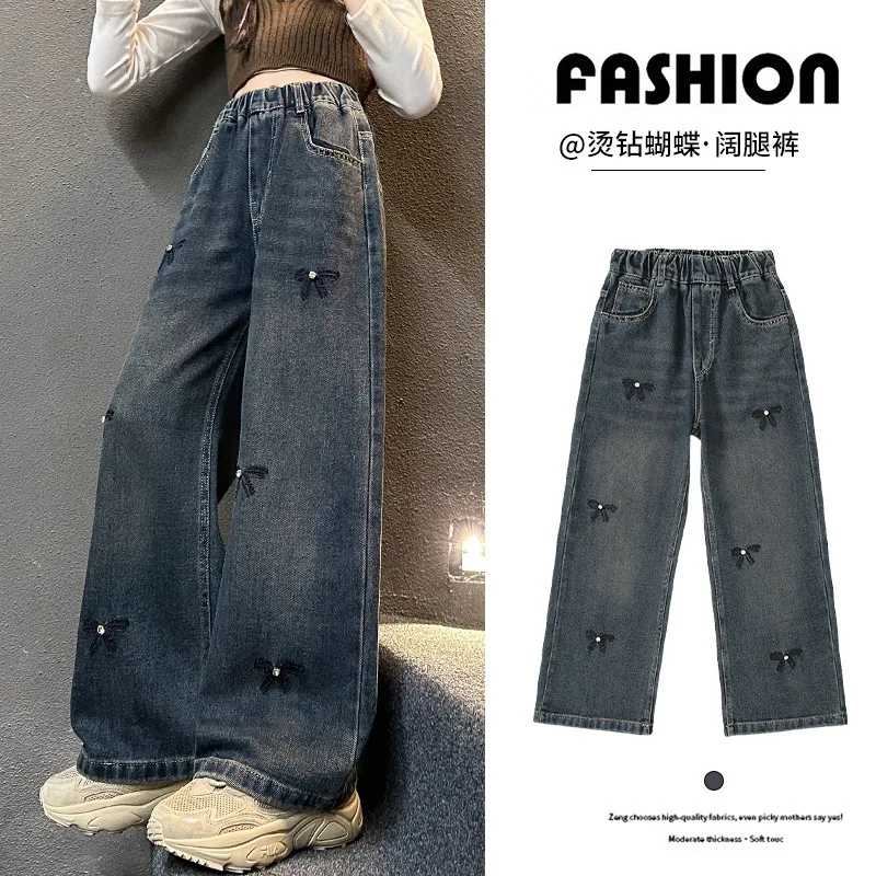 جينز أنيق للأطفال لشتاء 2025 مبطن بالصوف مع فيونكات للفتيات سراويل حرارية سميكة سراويل عازلة للأطفال في الشارع