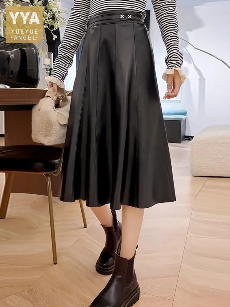 Women Genuine Leather Skirts High Waist A Line Stretch Waistband Sashes Mid Calf Office Lady Casual Top Quality Stylish 2025 New