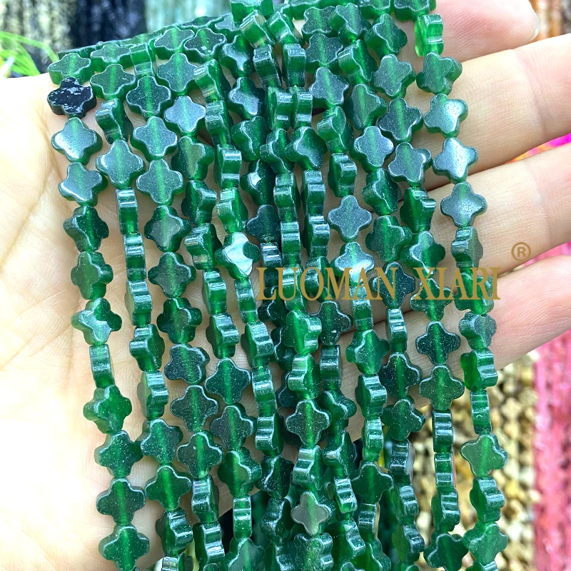 7-8MM Clover Emerald Green Color Chalcedony Natural Stone Loose Flower Spacer Beads for Jewelry Making DIY Bracelet Accessories