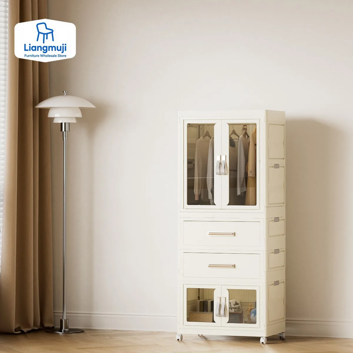 

Folding Wardrobe Transparent Plastic Storage Cabinet with Pulleys for Household Storage Box of Groceries Organizer Drawer Bins