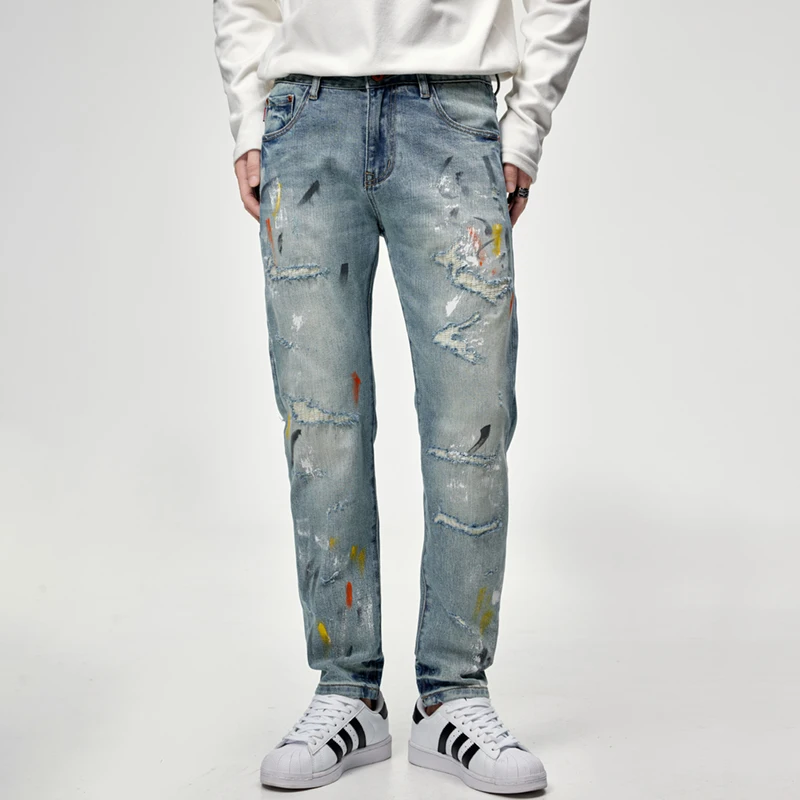 High-end tide brand street graffiti men's jeans personalized patch patch embroidery Slim small straight leg pants men's pants