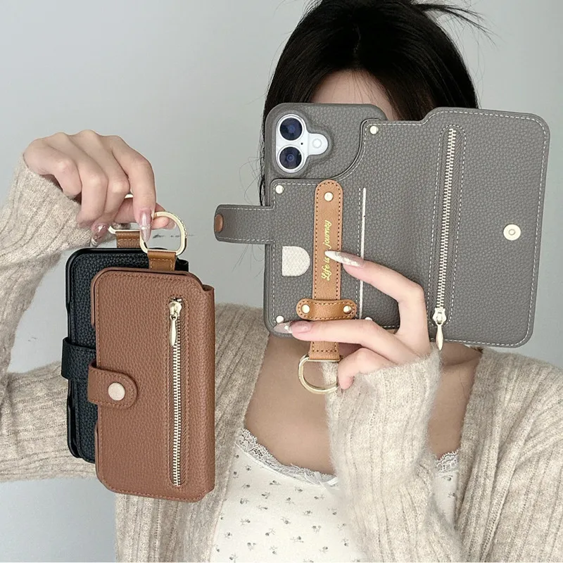 Handgelenkschlaufe Brieftasche Kartensteckplatz Halter Flip Ledertasche für IPhone 16 15 14 13 12 11 Pro Max Plus 16e 16Pro Frauen Mädchen Telefonabdeckung