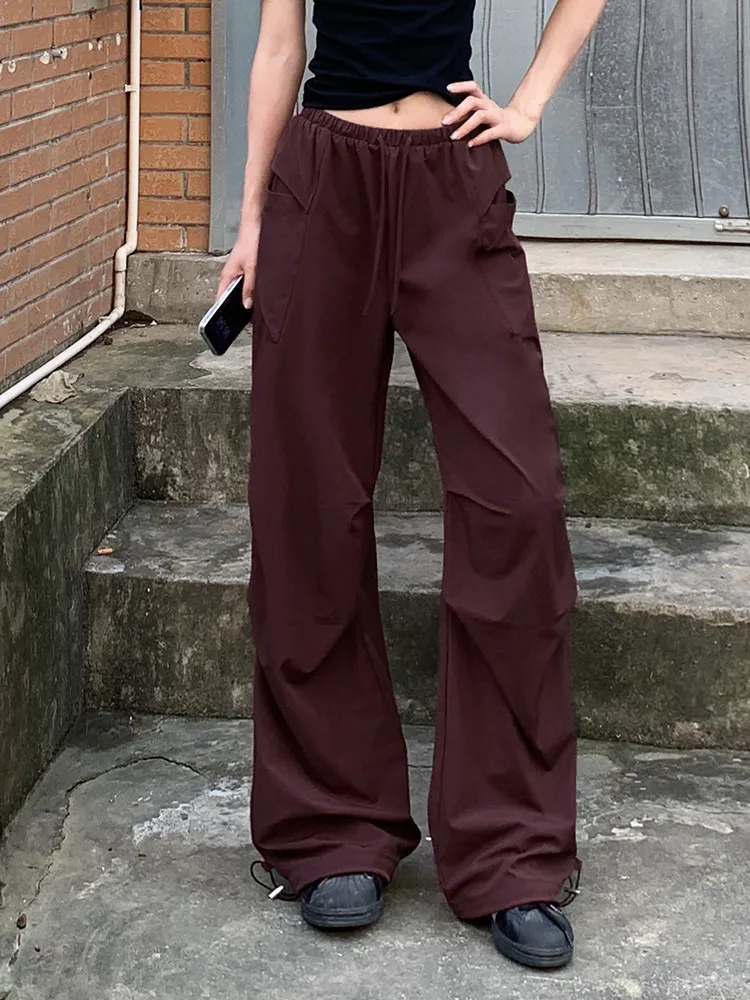 

GUUZYUVIZ American Retro Loose Straight Cargo Pants Women Y2K Casual Folds Quick Drying Wide Leg Trousers Baggy