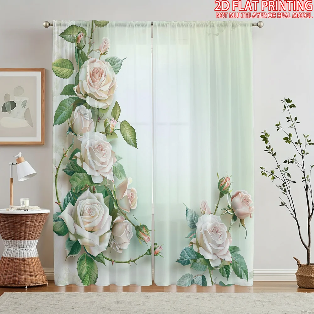 2D Flat, 2pcs Semi Transparent Curtains White Roses With Green Leaves And Buds Pattern Sheer Curtain Is Suitable for All Seasons