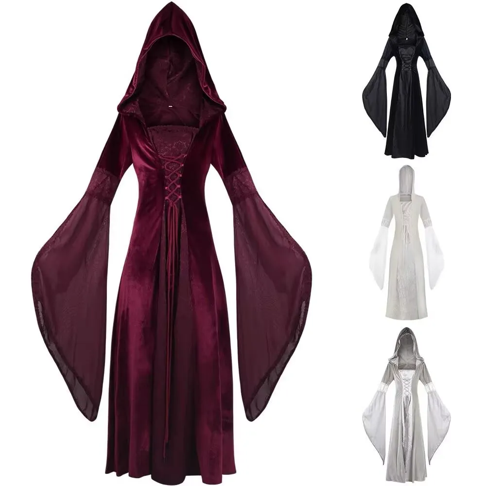 Damen Deluxe Hexenkleid Mittelalter Renaissance Maxi Schleppe Kleid Halloween Teufel Pagan Hexe Hochzeit Cos Kostüm Kapuzenkleid Robe