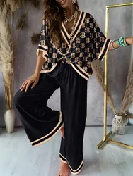 Sexy V Neck Midi Sleeve Shirt Pants Set Spring Summer Fashion Print Blouse Solid Trousers Two Piece Sets For Women Outfit 2024