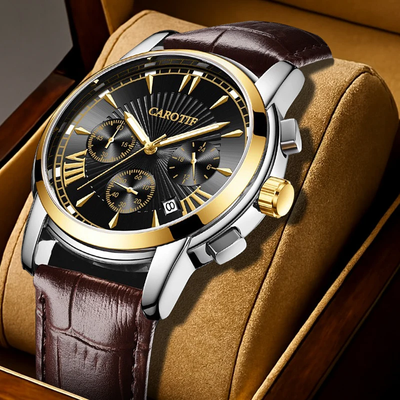 

Мужской коричневый кожаный ремень, легкий роскошный деловой ремень в горошек, показывающий круглые кварцевые часы с большим циферблатом.