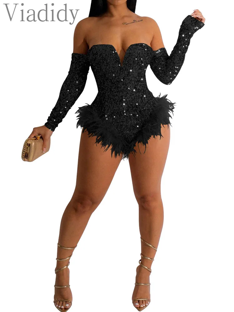 Women Sexy Sequined Feather Decor V-Neck Cold Shoulder Skinny Romper