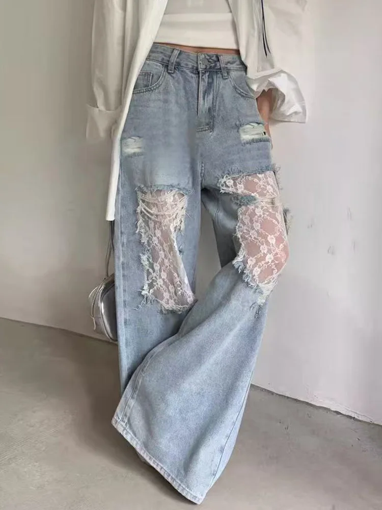 

Новые женские джинсы с кружевными вставками и прорезями, с высокой талией, в винтажном стиле, свободные, повседневные, уличные, ретро-брюки