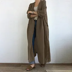 Fashion Women Long Sleeve Open Front Cotton Linen Coat Blouse Vintage Long Cardigan Autumn Solid Shirt Loose Tunic Top Lace Up