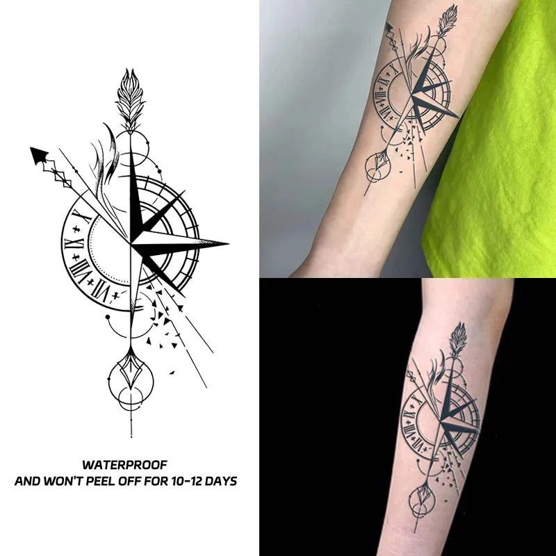 Long-lasting Waterproof Tattoo Stickers Simulated Non-Reflective Temporary Tattoo Compass Pointer Pattern Arm Fake Tattoo