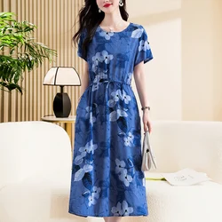 Summer Half Sleeve Print Long Plus size Dress For Women 2024 New Casual O-Neck High Waist Slim Ladies Maxi Dresses