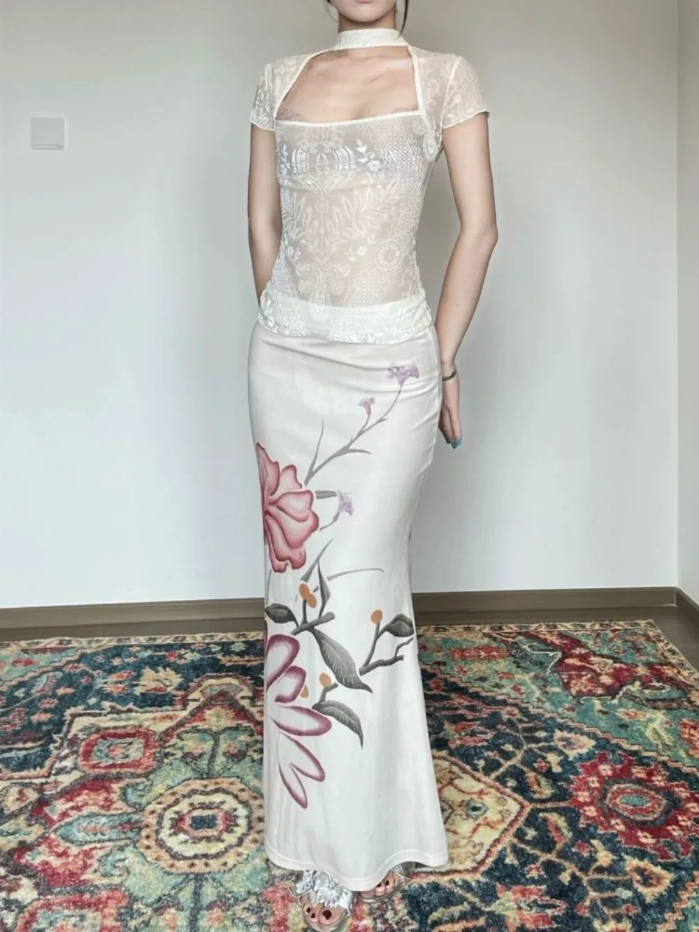 

Summer Floral Blouse and Skirt Set Women Elegant Wrap Top Pleated Midi Skirt Two Way Wear Outfit Beach Wedding Guest Romantic St