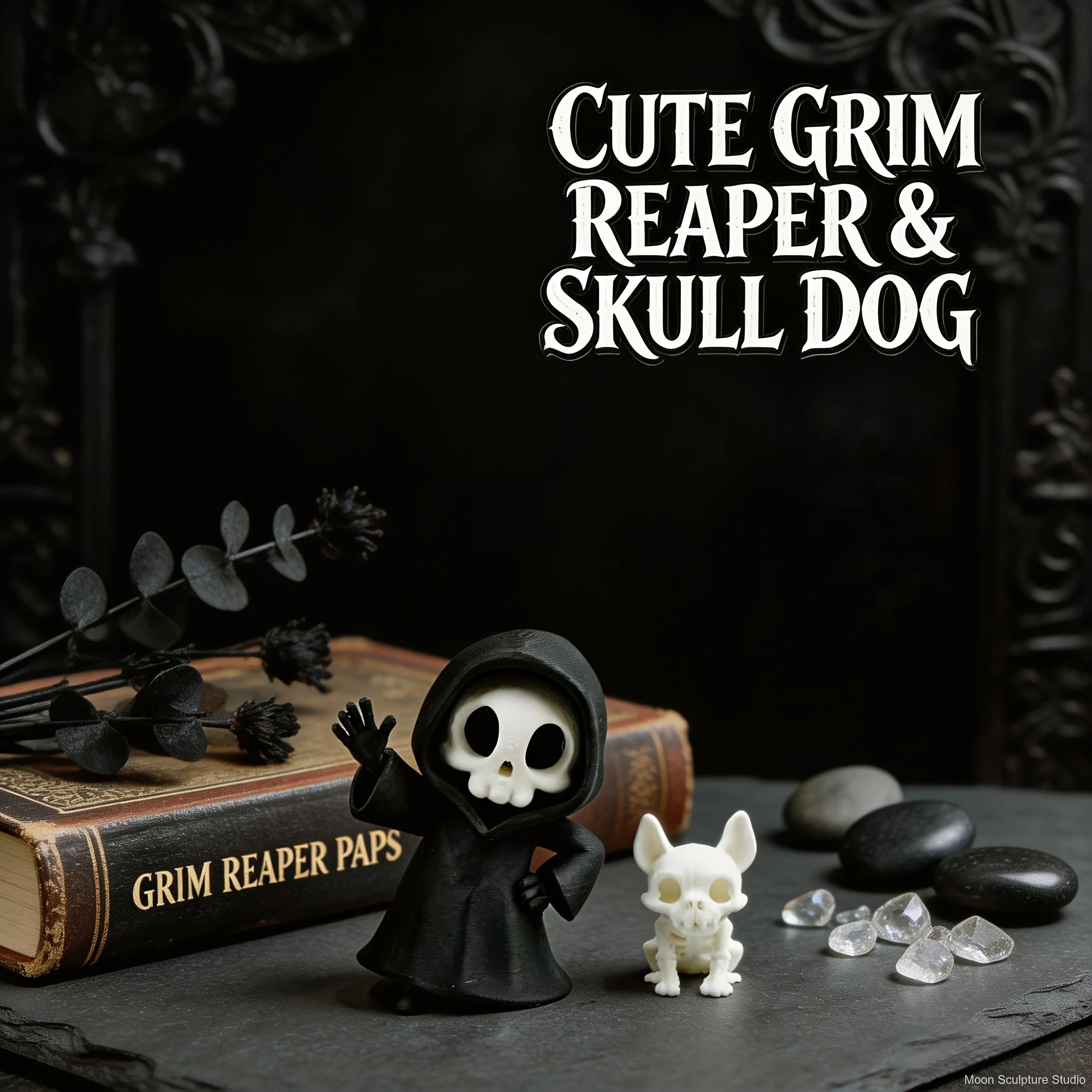 Collectible Figure – 2.56-Inch Gothic Grim Reaper and 1.3-Inch Skeleton Pet Sculpture, Dark Fantasy Desktop Decorative Ornament