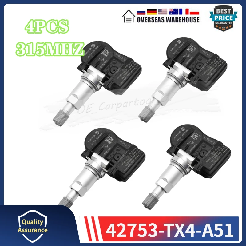 

4Pcs 315MHZ TPMS TIRE PRESSURE SENSOR FOR 2013-2014 Acura Mdx Rdx Tyre Monitor System Pressure Sensor 42753-TX4-A51 42753TX4A51