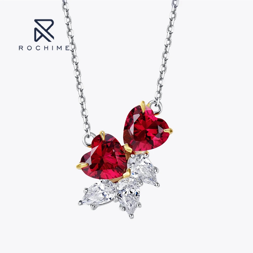 

Rochime Sweetheart Cluster Synthetic Ruby Pendant Necklace 925 Sterling Silver Gold Plated Jewelry For Women