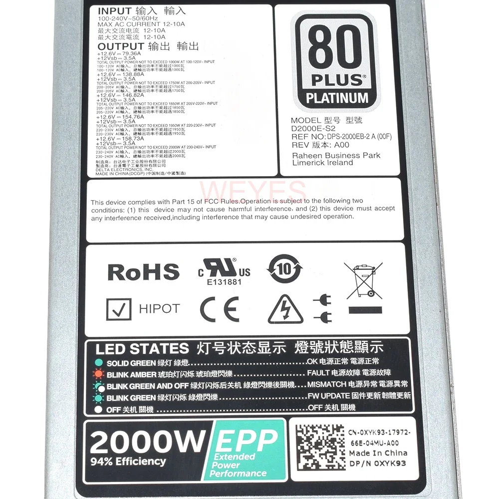 Imagem -06 - Fonte de Alimentação de Comutação Psu 2000w D2000e-s2 0xyk93 Xyk93 Dell R840 R940 R740xd T640 Servidor Epp Comutação Dps2000eb-2 a Bem Testado