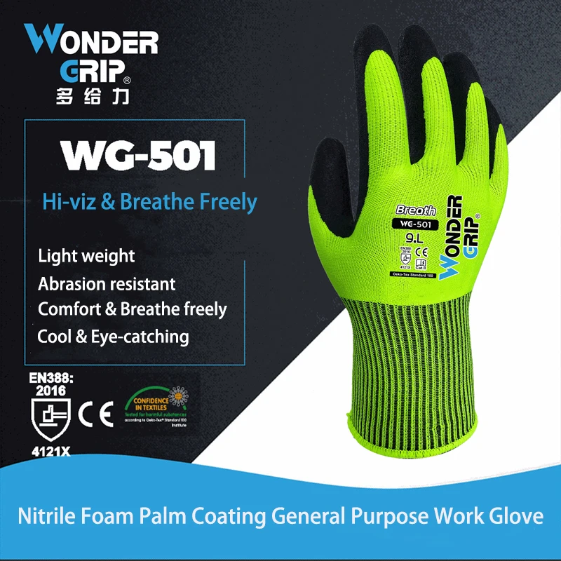 Guantes de trabajo para jardín, de nailon verde fluorescente, microespuma de nitrilo, arena Maxi, de alta flexibilidad, de seguridad