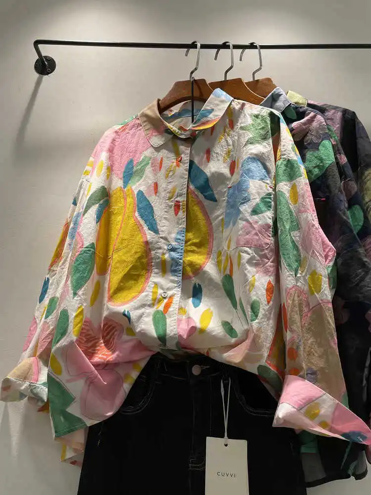 

Loose Fit Pure Cotton Long Sve irt Women's Faion Korean Sle Print Collar Single Button irt Autumn 2024 New Arrival