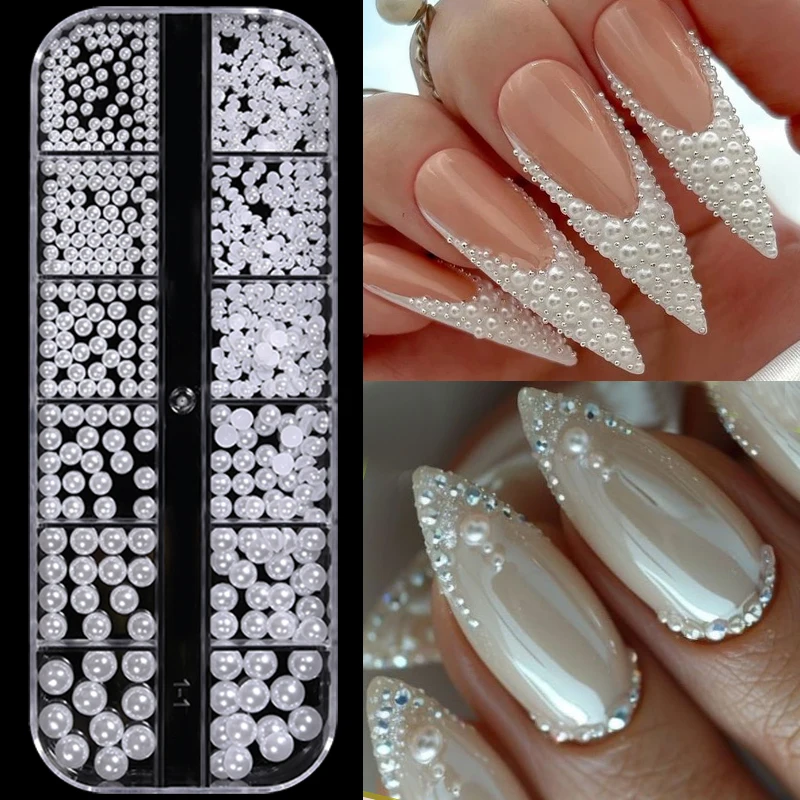 12 Grids Round White Pearls Nail Beads Rhinestones Mixed Size Beads Nail Jewels Half Round Pearl Gems DIY Nail Art Decorations