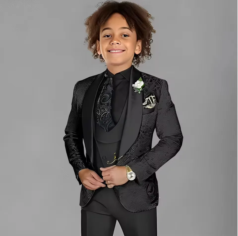 

Pink Jacquard Boys Suit 3 piece Suit Jacket Black Pants Vest Wedding Kids Tuxedo Formal Style Boys Slim Fit Suit