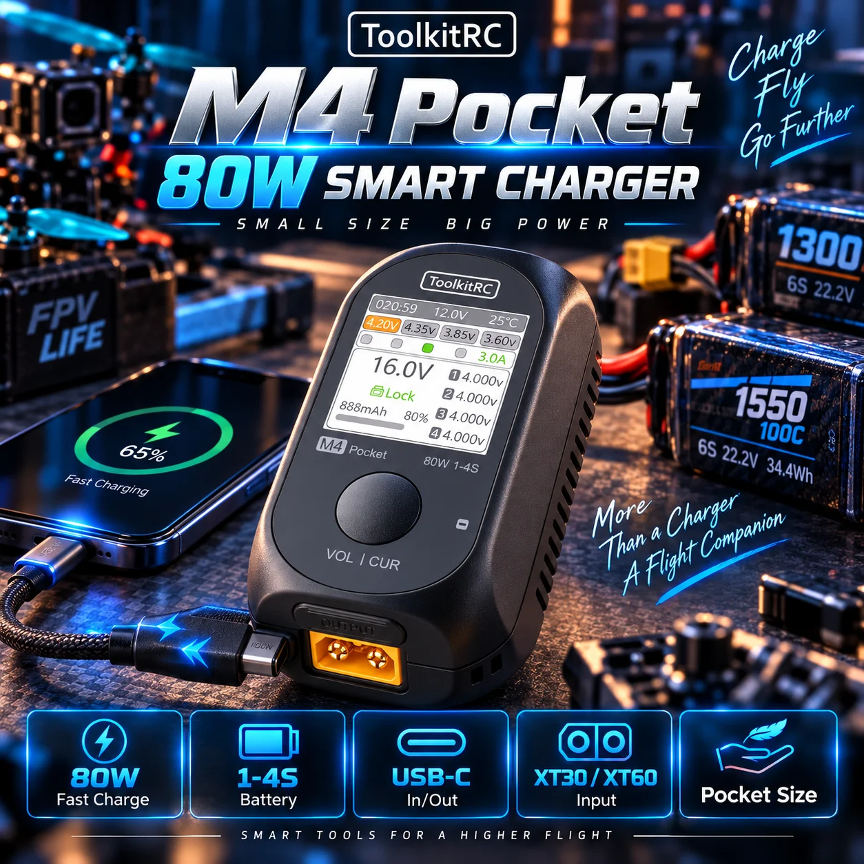 ToolkitRC M4 Pocket 1-4S LiPo Battery Balanced Charger DC 80W 5A Fast Charging XT30 XT60 USB-C Input/Output for RC Battery Model