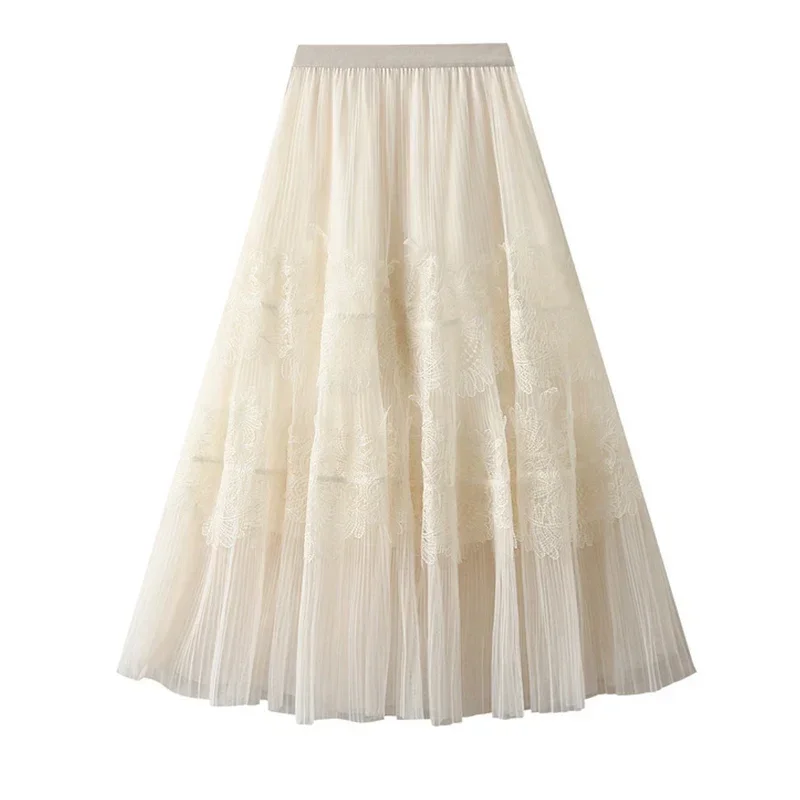 Jupe longue en dentelle patchwork pour femme, jupe en tulle, jupe midi plissée, jupe en maille, ligne A, taille haute, monochromatique, élégante, femme, printemps, été, 2024, L565