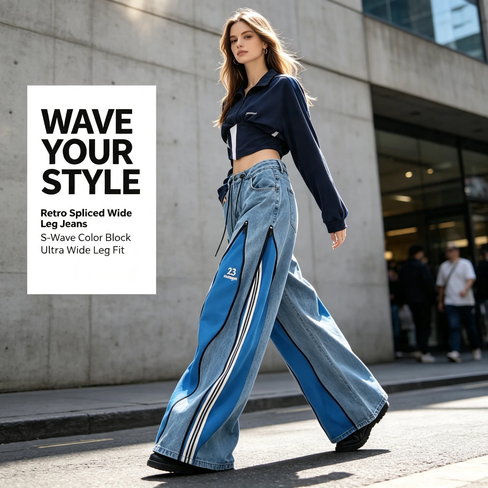 Women Wide Leg Jeans American, Retro Splicing Color Block Denim, Pants High Waist Drawstring Zipper, Streetwear Trousers Fashion