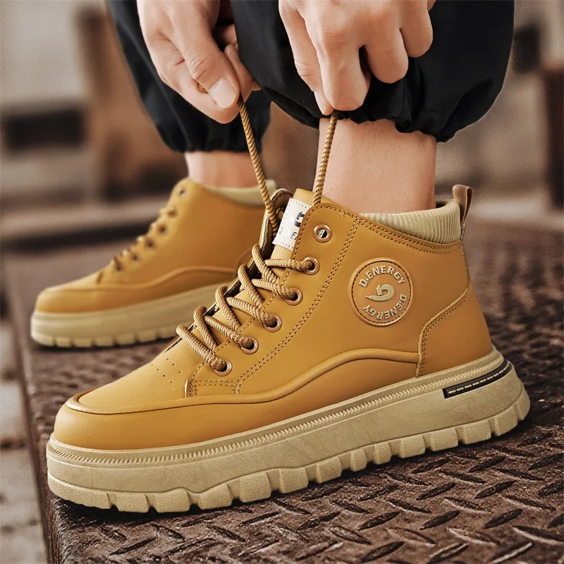 Men's Autumn Winter High-Top Thick-Soled Ankle Boots Trendy Outdoor Workwear Leather Casual Sports Shoes