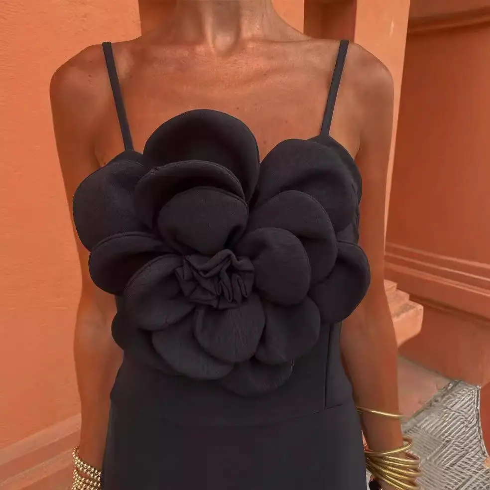 Handmade Ice Silk Pleated Long Evening Gown Women's Dr with Large Flower Design Svel Spring Season Faion