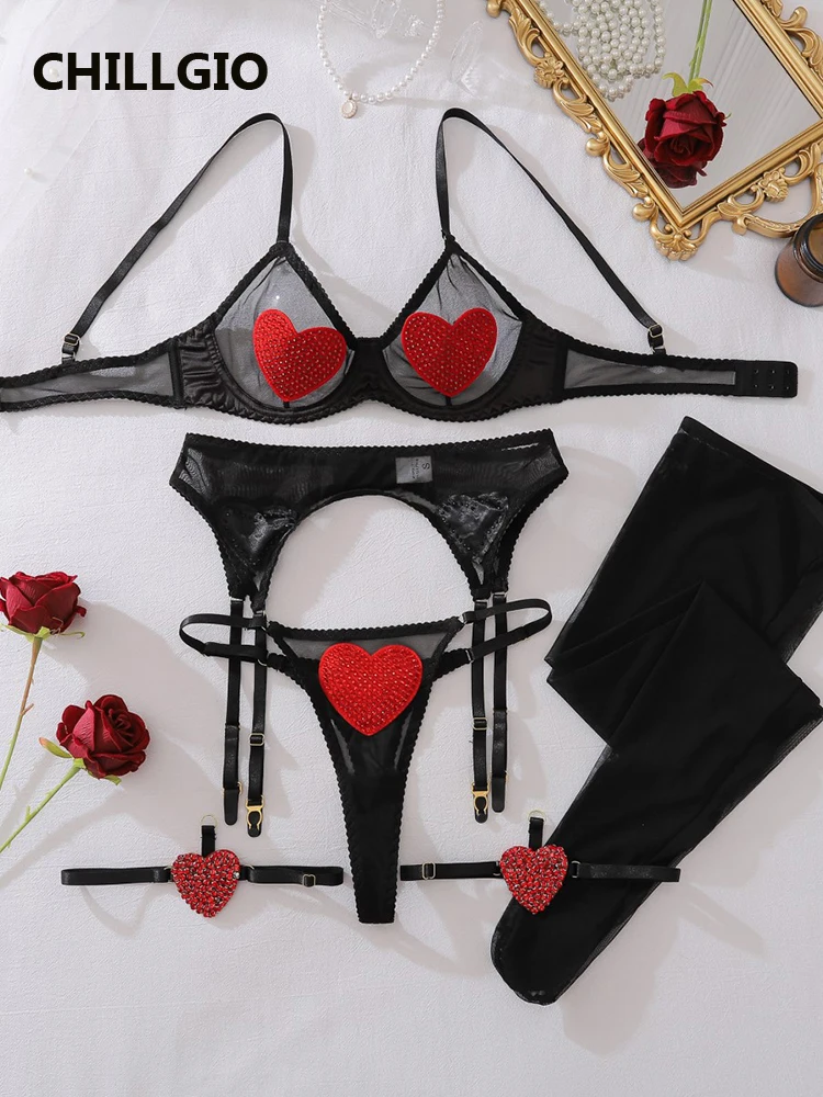 

CHILLGIO женский блестящий сетчатый бюстгальтер с бриллиантами, короткие костюмы, тонкие сексуальные бюстгальтеры, трусы, чулки, пуш-ап, комплекты эротического нижнего белья на косточках